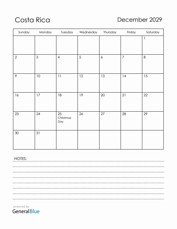 December 2029 Costa Rica Calendar with Holidays (Sunday Start)