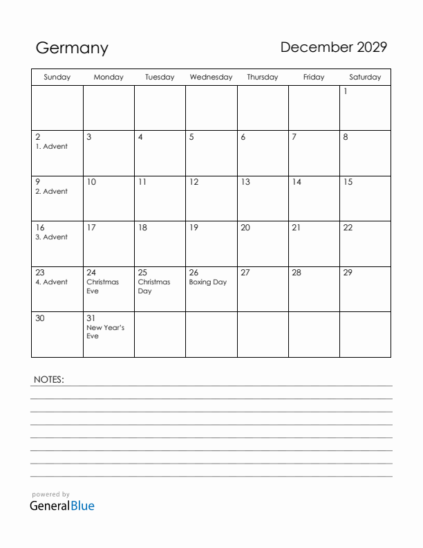 December 2029 Germany Calendar with Holidays (Sunday Start)