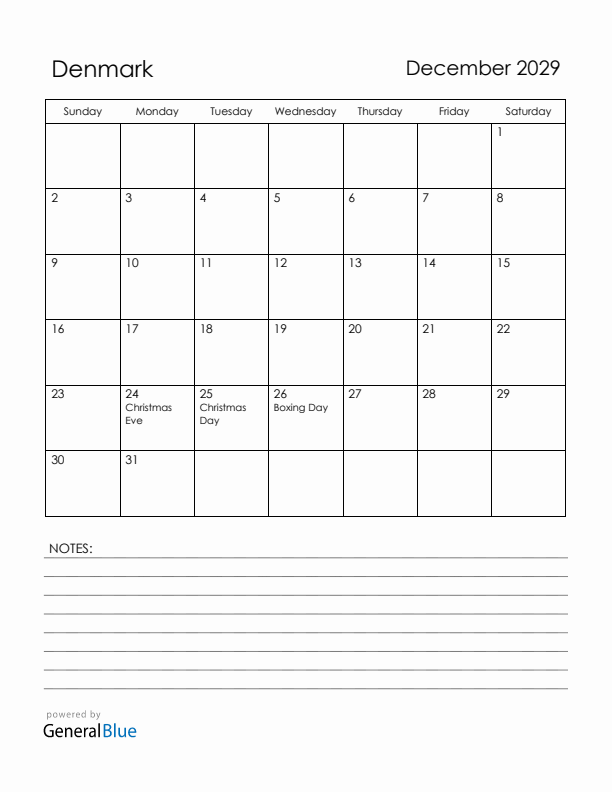 December 2029 Denmark Calendar with Holidays (Sunday Start)