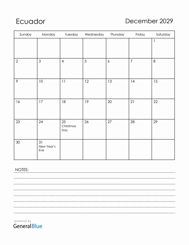 December 2029 Ecuador Calendar with Holidays (Sunday Start)