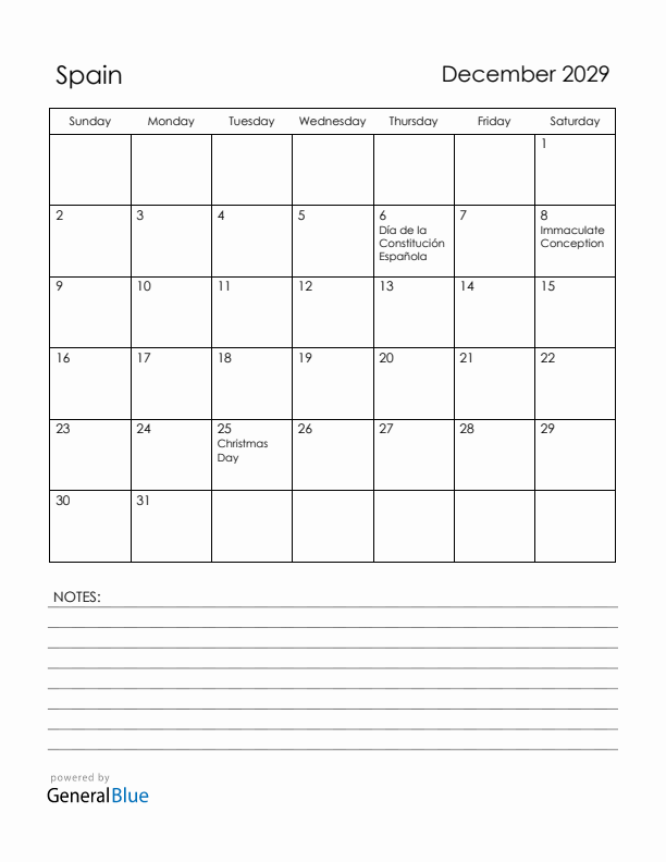 December 2029 Spain Calendar with Holidays (Sunday Start)