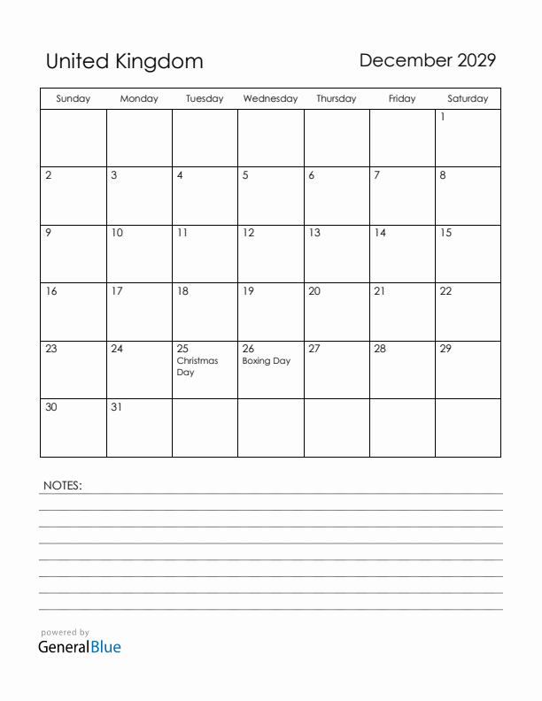 December 2029 United Kingdom Calendar with Holidays (Sunday Start)