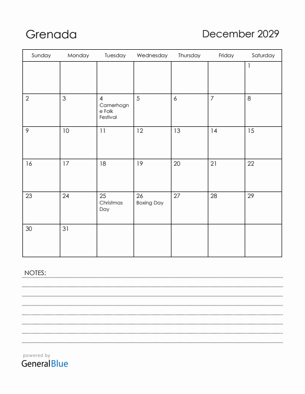 December 2029 Grenada Calendar with Holidays (Sunday Start)