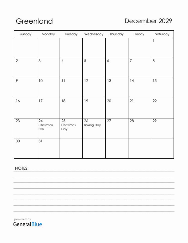 December 2029 Greenland Calendar with Holidays (Sunday Start)