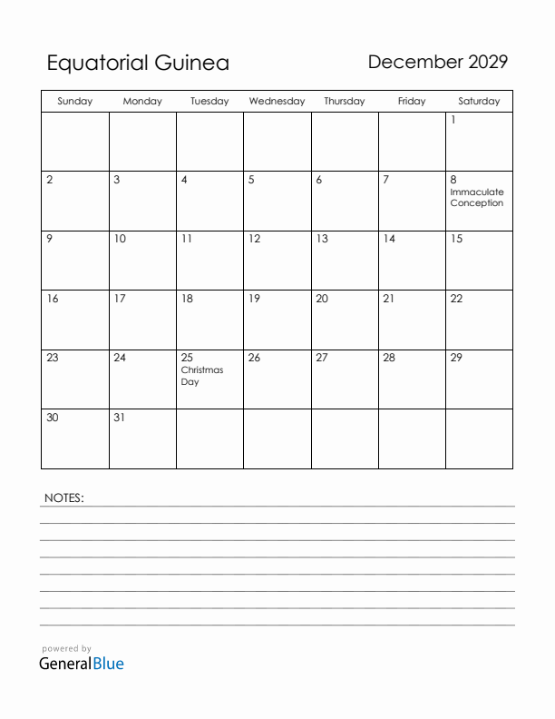 December 2029 Equatorial Guinea Calendar with Holidays (Sunday Start)