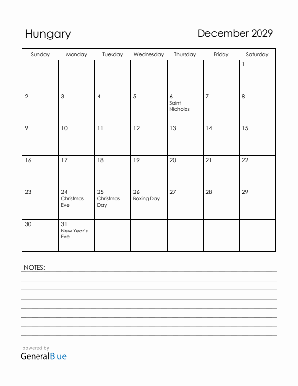 December 2029 Hungary Calendar with Holidays (Sunday Start)