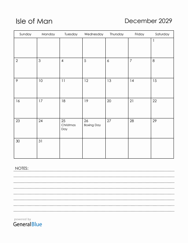 December 2029 Isle of Man Calendar with Holidays (Sunday Start)