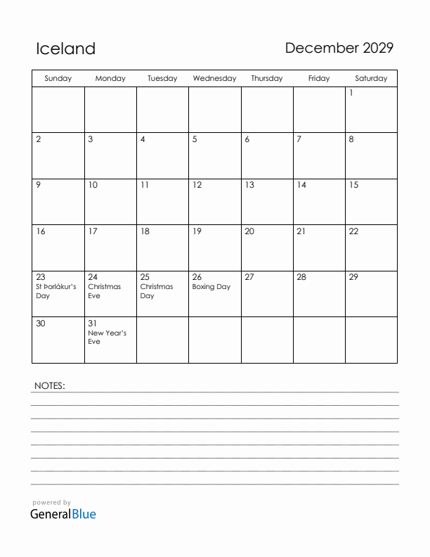 December 2029 Iceland Calendar with Holidays (Sunday Start)