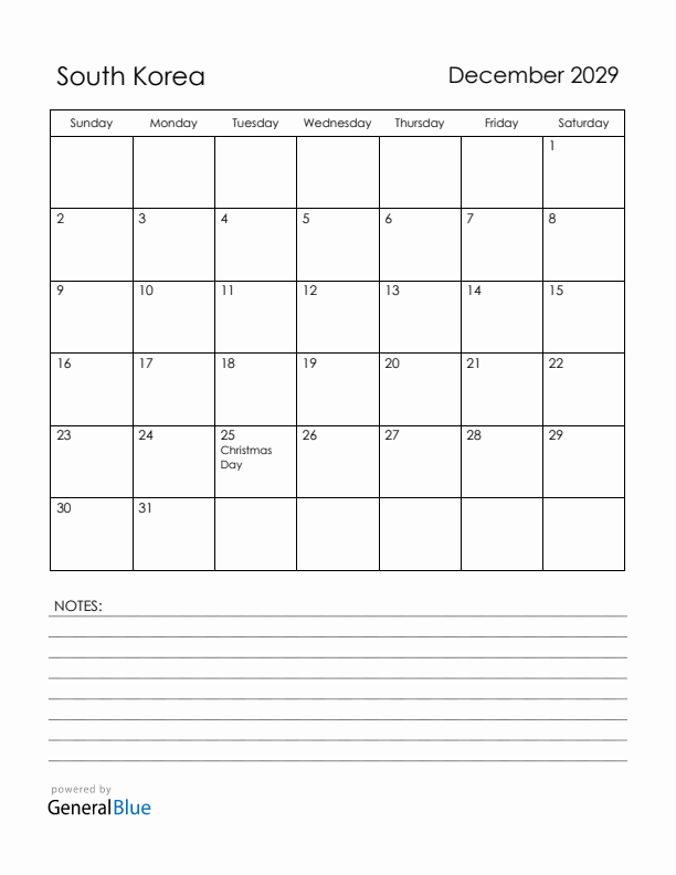 December 2029 South Korea Calendar with Holidays (Sunday Start)