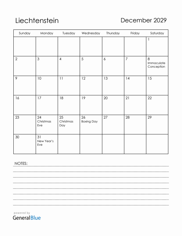 December 2029 Liechtenstein Calendar with Holidays (Sunday Start)