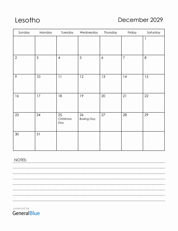 December 2029 Lesotho Calendar with Holidays (Sunday Start)