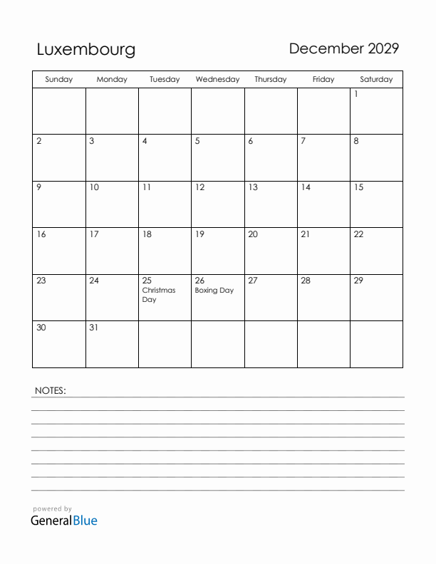 December 2029 Luxembourg Calendar with Holidays (Sunday Start)