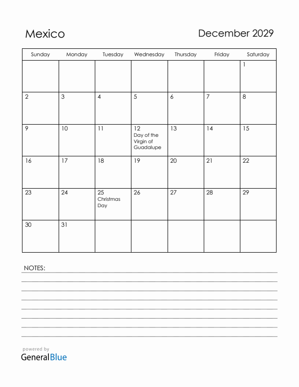 December 2029 Mexico Calendar with Holidays (Sunday Start)