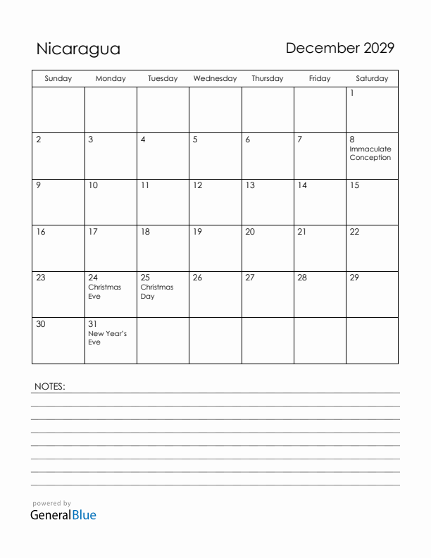 December 2029 Nicaragua Calendar with Holidays (Sunday Start)