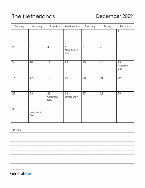 December 2029 The Netherlands Calendar with Holidays (Sunday Start)