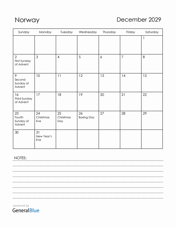 December 2029 Norway Calendar with Holidays (Sunday Start)