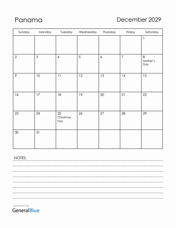 December 2029 Panama Calendar with Holidays (Sunday Start)