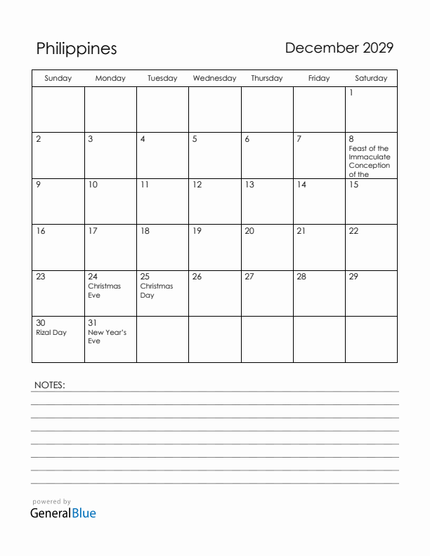 December 2029 Philippines Calendar with Holidays (Sunday Start)