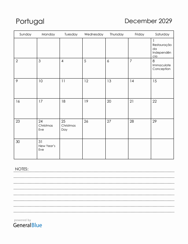 December 2029 Portugal Calendar with Holidays (Sunday Start)