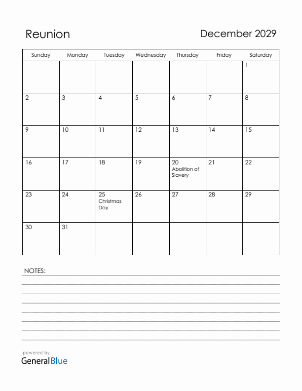 December 2029 Reunion Calendar with Holidays (Sunday Start)