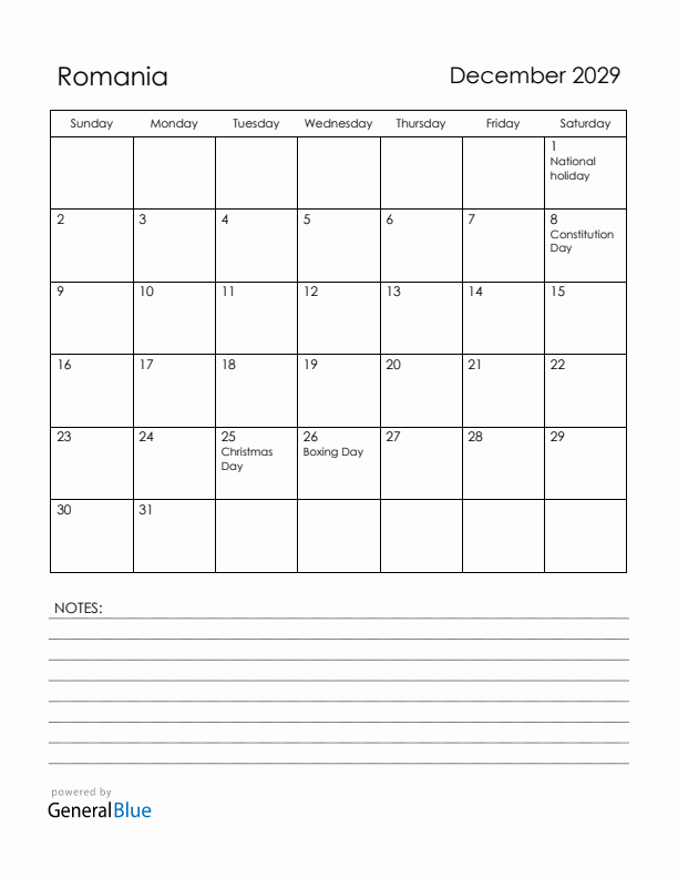 December 2029 Romania Calendar with Holidays (Sunday Start)