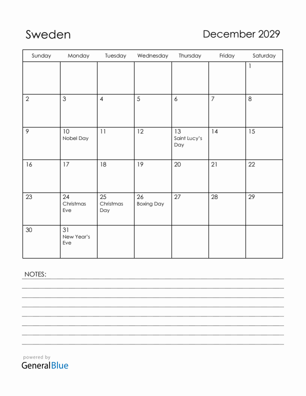 December 2029 Sweden Calendar with Holidays (Sunday Start)