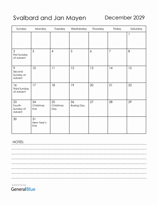 December 2029 Svalbard and Jan Mayen Calendar with Holidays (Sunday Start)