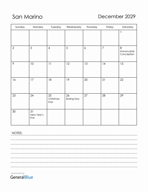 December 2029 San Marino Calendar with Holidays (Sunday Start)