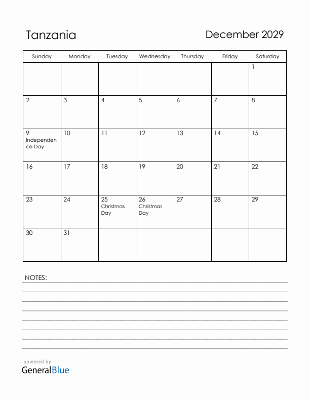 December 2029 Tanzania Calendar with Holidays (Sunday Start)