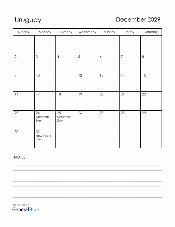 December 2029 Uruguay Calendar with Holidays (Sunday Start)