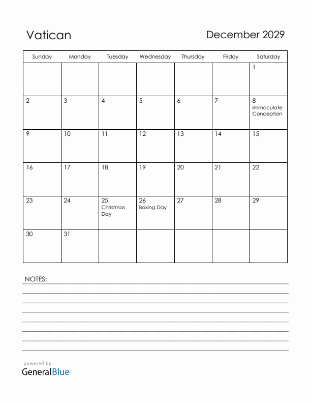 December 2029 Vatican Calendar with Holidays (Sunday Start)