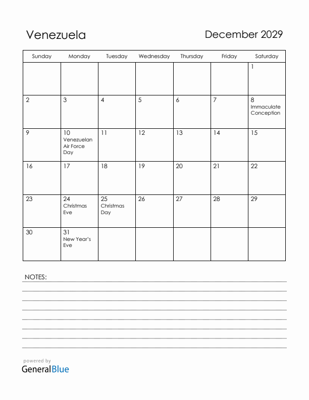 December 2029 Venezuela Calendar with Holidays (Sunday Start)
