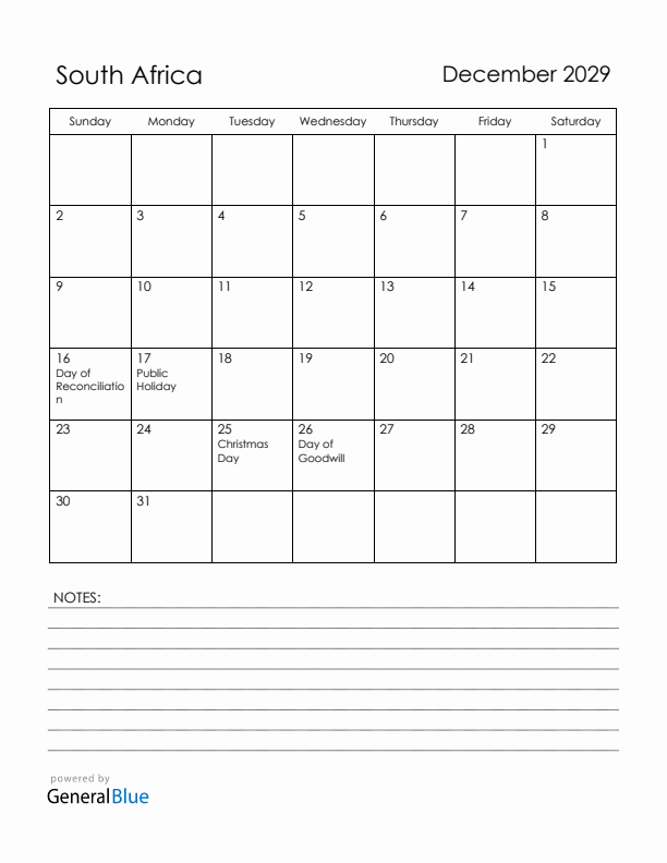 December 2029 South Africa Calendar with Holidays (Sunday Start)