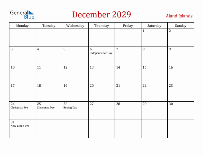 Aland Islands December 2029 Calendar - Monday Start