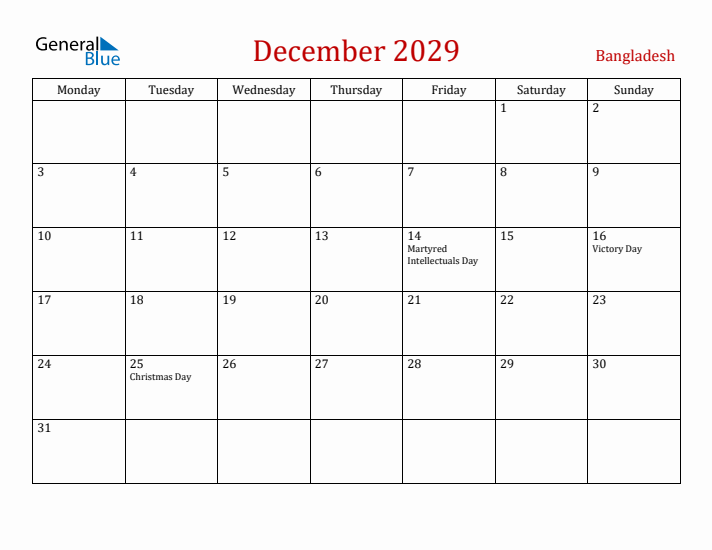 Bangladesh December 2029 Calendar - Monday Start