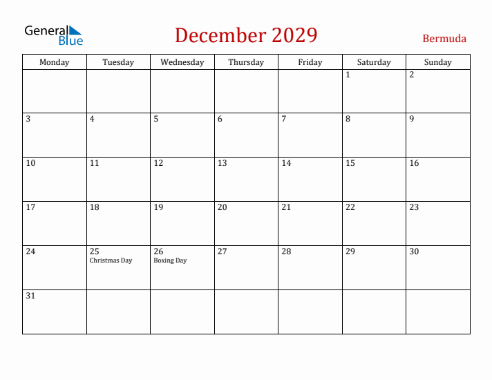 Bermuda December 2029 Calendar - Monday Start