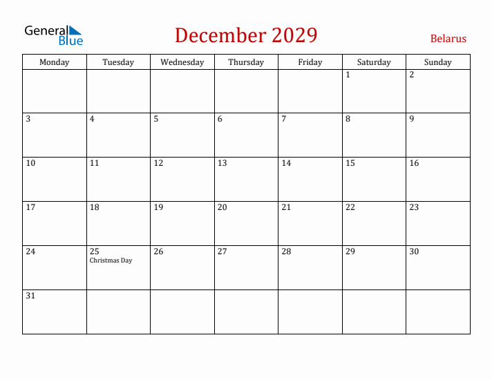 Belarus December 2029 Calendar - Monday Start