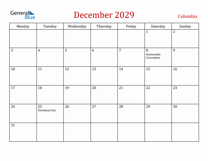 Colombia December 2029 Calendar - Monday Start