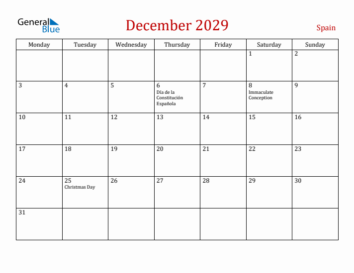 Spain December 2029 Calendar - Monday Start