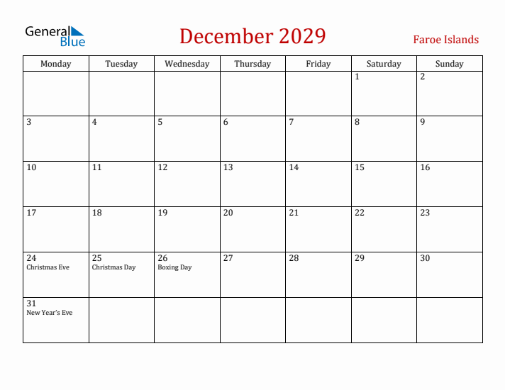 Faroe Islands December 2029 Calendar - Monday Start