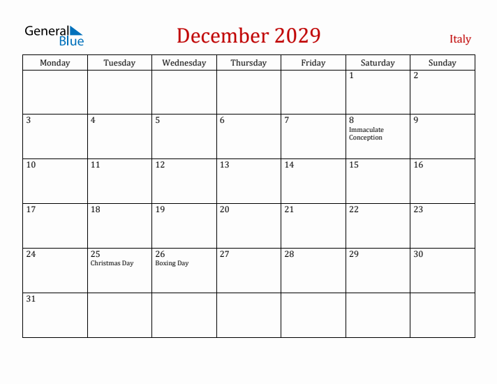 Italy December 2029 Calendar - Monday Start