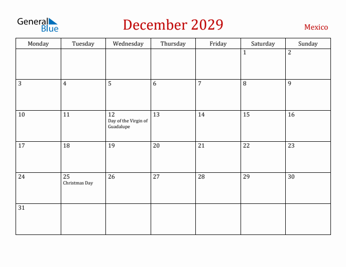 Mexico December 2029 Calendar - Monday Start