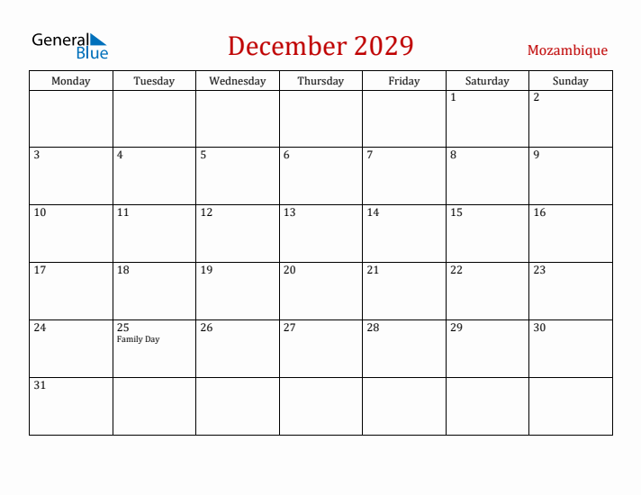 Mozambique December 2029 Calendar - Monday Start