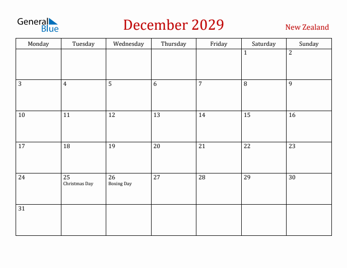 New Zealand December 2029 Calendar - Monday Start