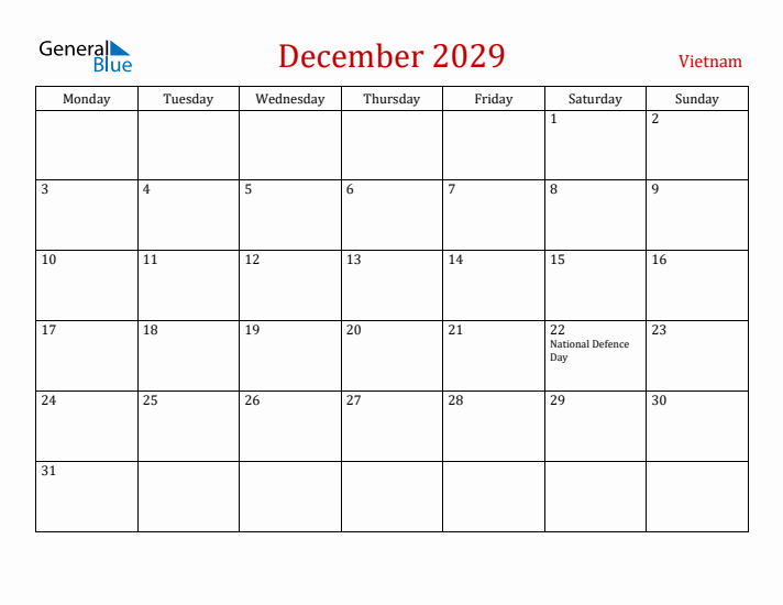 Vietnam December 2029 Calendar - Monday Start