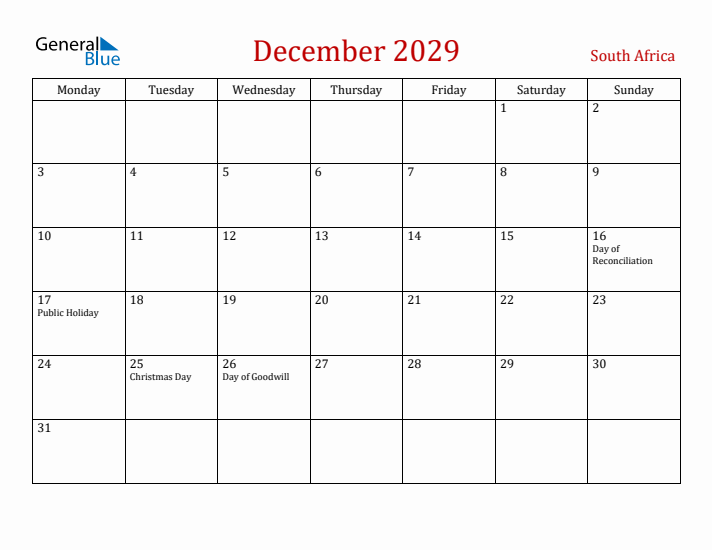 South Africa December 2029 Calendar - Monday Start