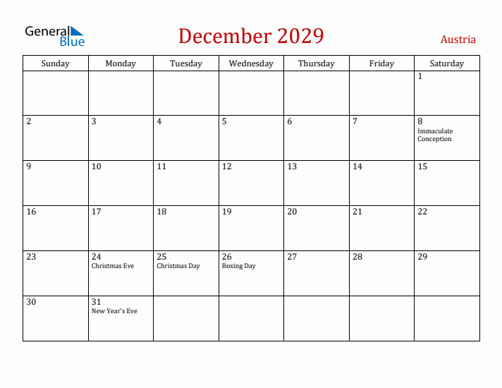 Austria December 2029 Calendar - Sunday Start