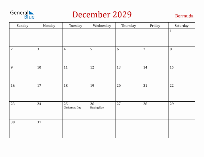 Bermuda December 2029 Calendar - Sunday Start