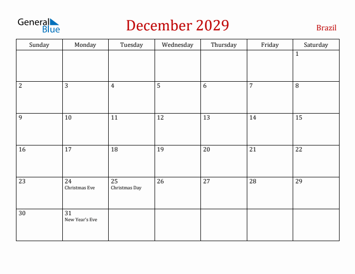 Brazil December 2029 Calendar - Sunday Start