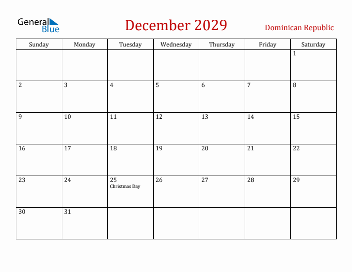 Dominican Republic December 2029 Calendar - Sunday Start